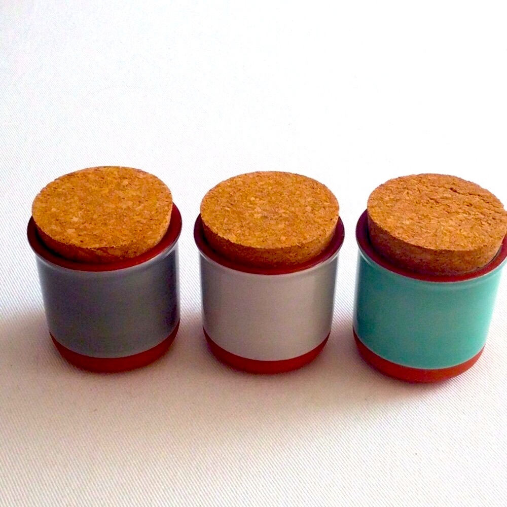 Jamie Oliver Set of 3 Small Ceramic Jars with Cork Lids - Gray, White, Mint